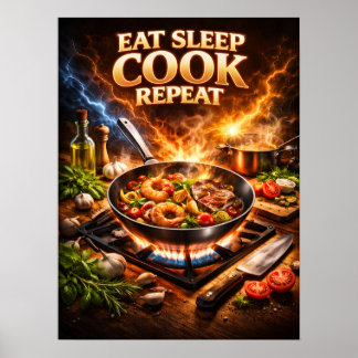 Essen Schlafen Kochen Retro Poster
