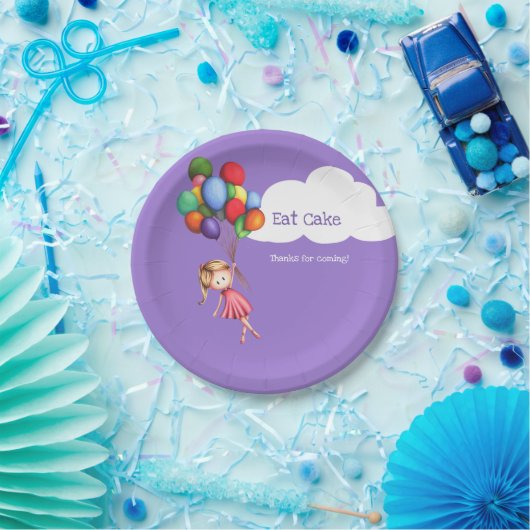 Essen Sie Cake Girl Floating mit Balloons Lila Par Pappteller (Party)