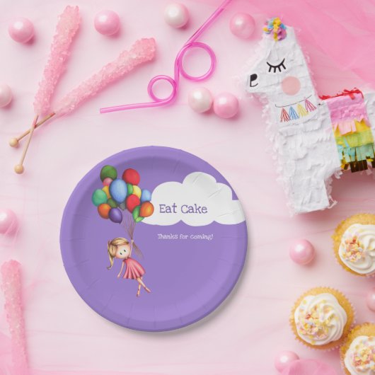 Essen Sie Cake Girl Floating mit Balloons Lila Par Pappteller (Party)