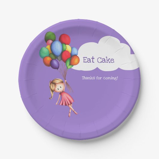 Essen Sie Cake Girl Floating mit Balloons Lila Par Pappteller (Vorderseite)