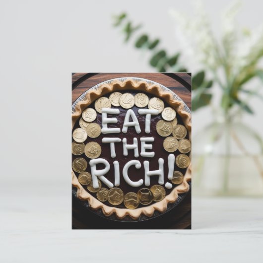 Essen Sie den reichen Kuchen mit Goldmünzen Postkarte (Stehend Vorderseite)