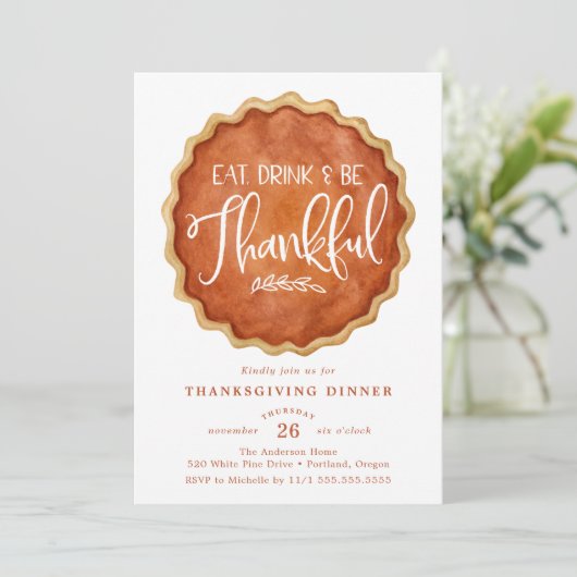 Essen Sie Drink & Sei dankbar Pumpkin Pie Erntedan Einladung (Stehend Vorderseite)