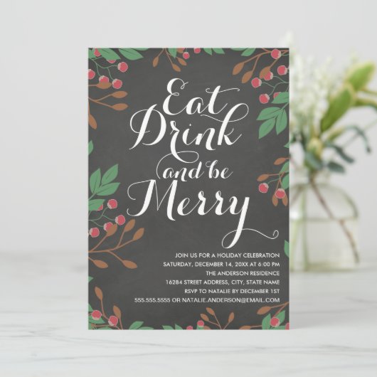 Essen Sie Drink und seien Sie Merry Holly Berries Einladung (Stehend Vorderseite)
