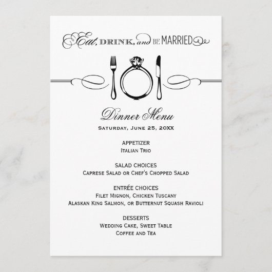 Essen Sie Drink und Verheiratete Schwarze Hochzeit Menükarte (Vorderseite)