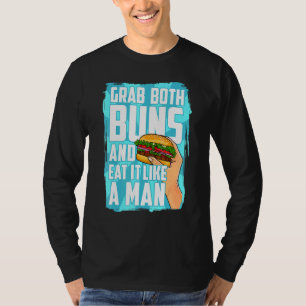 Essen Sie einen Hamburger, beide Brötchen und esse T-Shirt