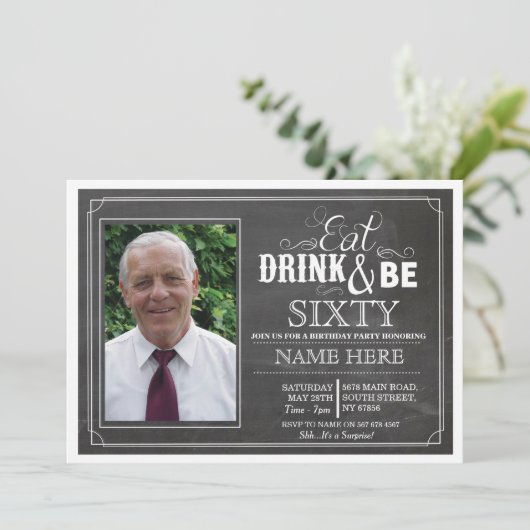 Essen Sie Getränk u. seien Sie 60, oder jedes Einladung (Stehend Vorderseite)