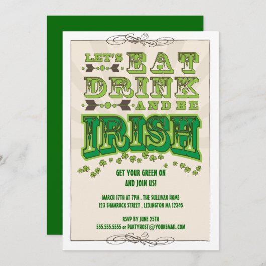 Essen Sie, Getränk u. seien Sie Iren-St Patrick Einladung (Vorne/Hinten)