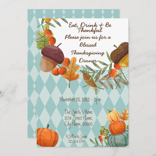 ESSEN SIE GETRÄNK UND SIND SIE DANKBAR EINLADEN EINLADUNG (Vorne/Hinten)