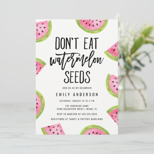 Essen Sie keine Watermelon Seeds Babydusche Einladung (Stehend Vorderseite)