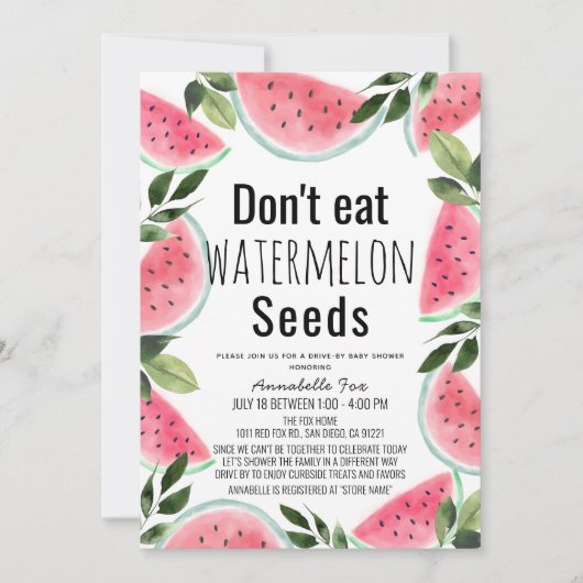 Essen Sie keine Watermelon Seeds Drive-by Baby Sho Einladung (Vorderseite)