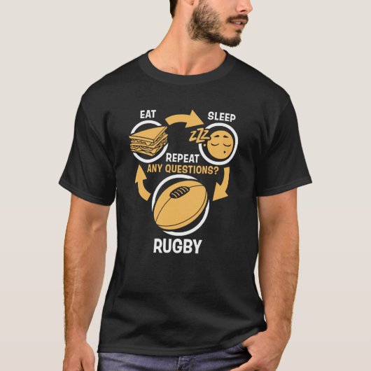 Essen Sie Schlaf-Rugby-Wiederholungs-lustiges T-Shirt (Vorderseite)