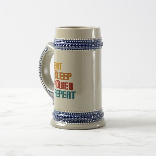 Essen Sie schlafen Power wiederholen lustig Bierglas (Vorderseite Links)