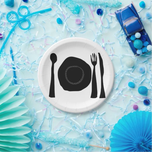 Essen Sie schwarze und weiße Platte und Utensid. Pappteller (Party)