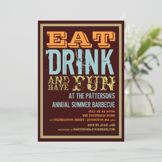 Essen Sie, trinken Sie u. haben Sie Spaß an einem Einladung (Stehend Vorderseite)