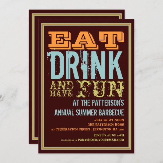 Essen Sie, trinken Sie u. haben Sie Spaß an einem Einladung (Vorne/Hinten)
