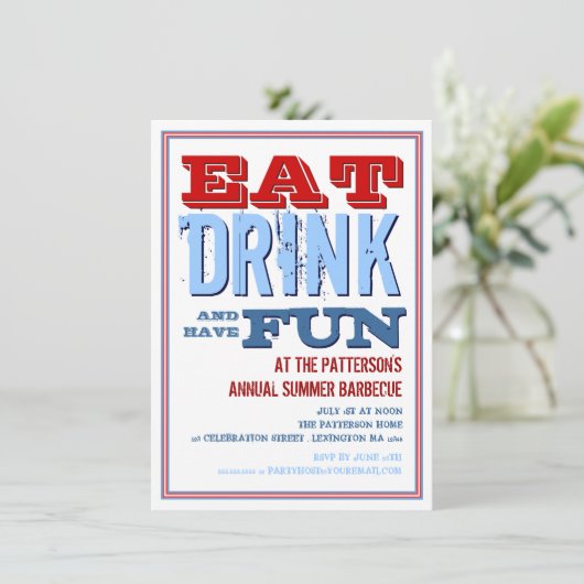 Essen Sie, trinken Sie u. haben Sie Spaß an einem Einladung (Stehend Vorderseite)