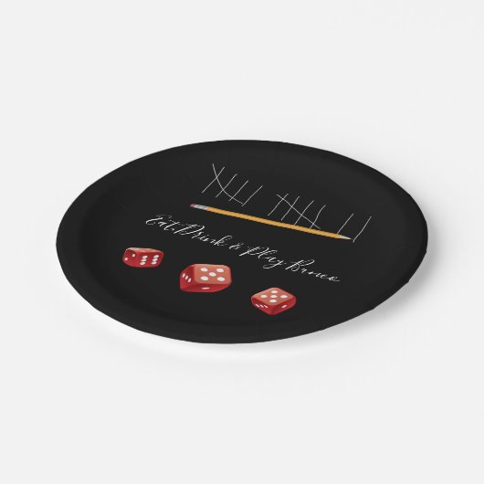 Essen Sie, trinken Sie und spielen Sie Bunco rotes Pappteller (Schrägansicht)