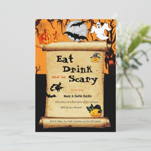 Essen Sie trinken und Beängstigend Halloween-Party Einladung (Stehend Vorderseite)