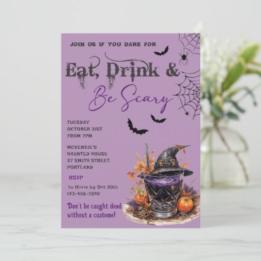 Essen Sie trinken und Beängstigend Halloween-Party Einladung (Stehend Vorderseite)