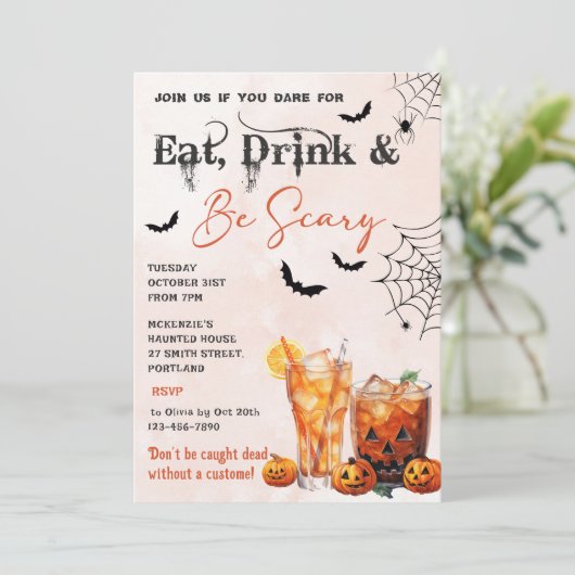Essen Sie trinken und Beängstigend Halloween-Party Einladung (Stehend Vorderseite)