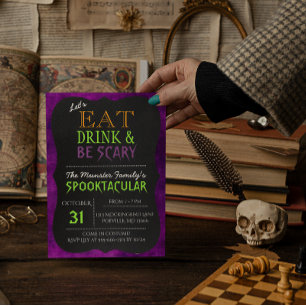 Essen Sie trinken und Beängstigende Lila Halloween Einladung