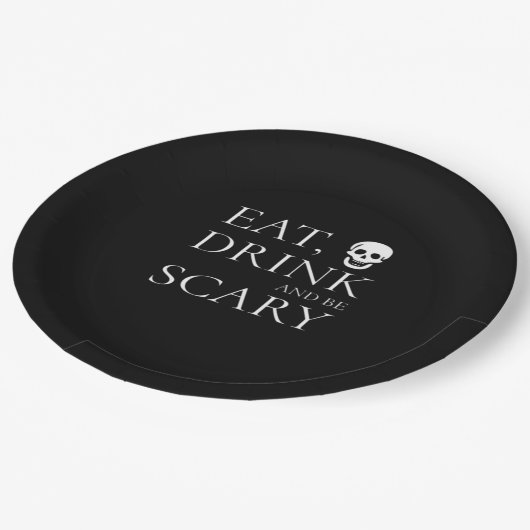 Essen Sie trinken und Beängstigendes Halloween-Par Pappteller (Schrägansicht)