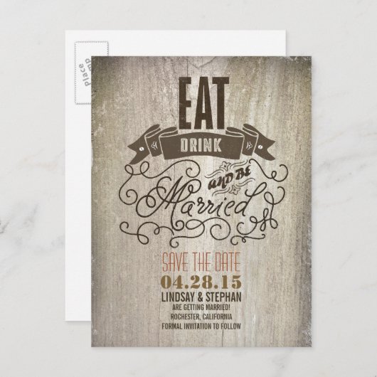 Essen Sie trinken und Save the Date auf der Postka Ankündigungspostkarte (Vorne/Hinten)