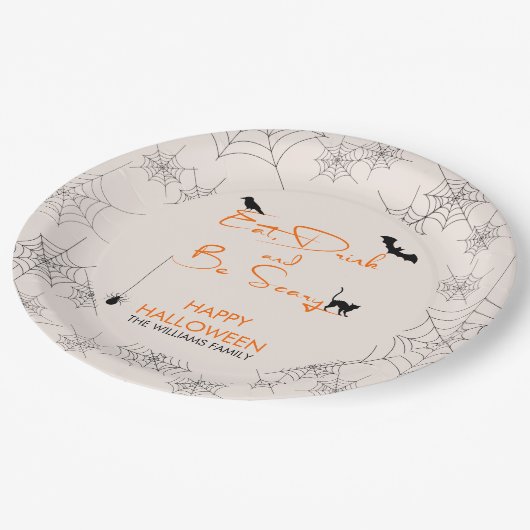 Essen Sie trinken und seien Sie Beängstigend Hallo Pappteller (Schrägansicht)