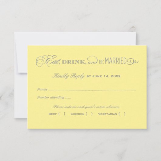 Essen Sie trinken und seien Sie Verheiratet, gelb  RSVP Karte (Vorderseite)