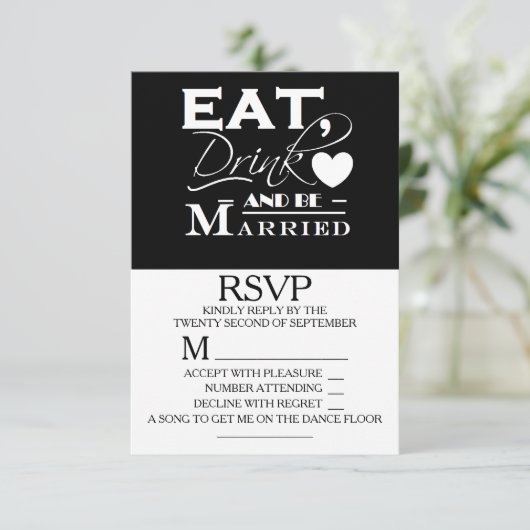 Essen Sie trinken und seien Sie Verheirateter Hoch RSVP Karte (Stehend Vorderseite)