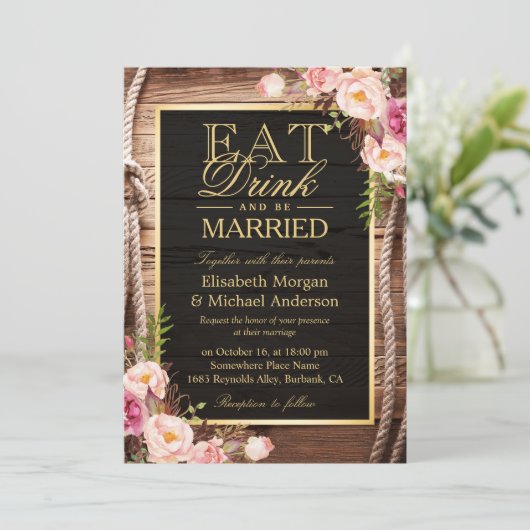 Essen Sie trinken und Verheiratet sein rustikale H Einladung (Stehend Vorderseite)