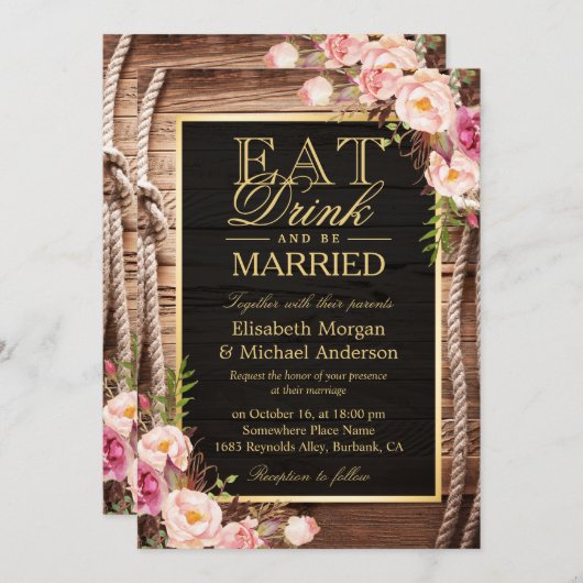 Essen Sie trinken und Verheiratet sein rustikale H Einladung (Vorne/Hinten)