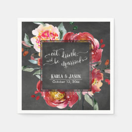 Essen Sie trinken und Verheiratete rote Blume auf  Serviette