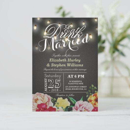 Essen Sie trinken und Verheiratete String Light Ch Einladung (Stehend Vorderseite)