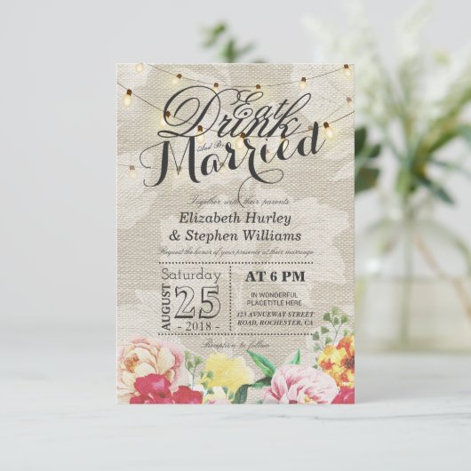 Essen Sie trinken und Verheiratete String Light Ch Einladung (Stehend Vorderseite)