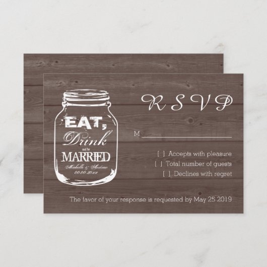 Essen Sie trinken verheiratete Mason Glas UAWG Hoc RSVP Karte (Vorne/Hinten)
