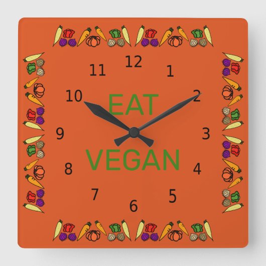 Essen Sie Veganes, buntes Gemüse, schwarze Zahlen Quadratische Wanduhr (Vorderseite)
