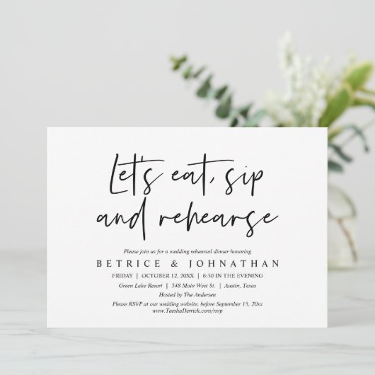 Essen, Sip und Rehearse, Probe Abendessen Einladung (Stehend Vorderseite)