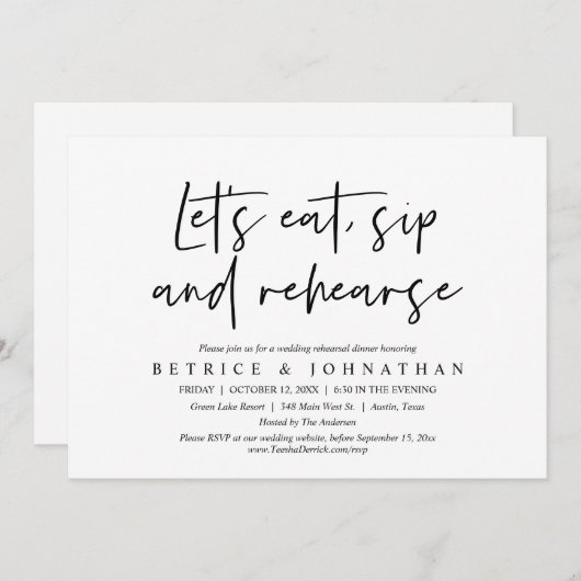 Essen, Sip und Rehearse, Probe Abendessen Einladung (Vorne/Hinten)