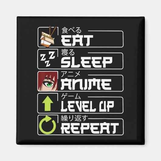 Essen Sleep Anime Level Up Wiederholung Otaku Anim Magnet (Vorne)