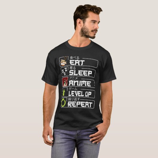 Essen Sleep Anime Level Up Wiederholung Otaku Anim T-Shirt (Vorne ganz)