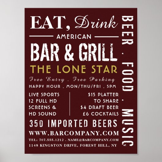 Essen, trinken Bar & Grill, Pub/Brauerei Werbung Poster (Vorne)