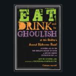 Essen, trinken & Be Ghoulish! Halloween-Party Einladung<br><div class="desc">Laden Sie Ihre Freunde ein, um mit dieser lustigen Einladung zu einem Halloween-Party zu essen, zu trinken und beängstigend zu werden. Freuen Sie sich auf angenehme Farbtöne wie Schleim grün, Kürbisorange und lila auf einen Jet-Schwarz-Hintergrund mit leicht anpassbaren Textbereichen, die Sie mit Ihren Informationen individuell gestalten können. Auf der Rückseite...</div>