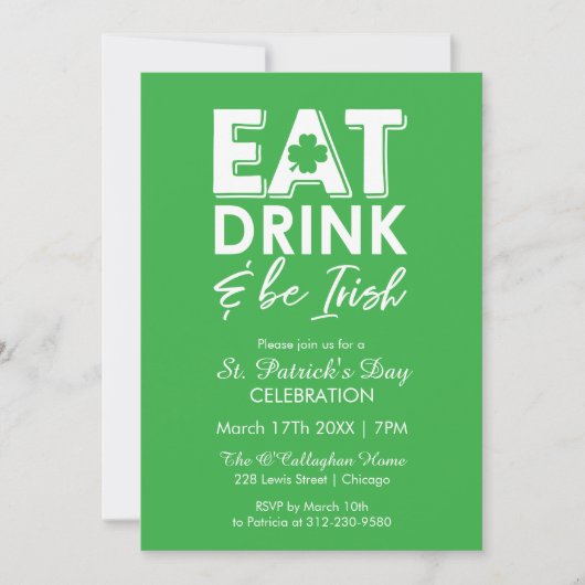 Essen, trinken & be Irish Modern St. Patrick's Day Einladung (Vorderseite)