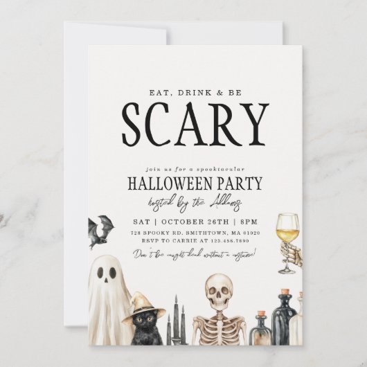 Essen trinken & Beängstigend sein Adult Halloween Einladung (Vorderseite)