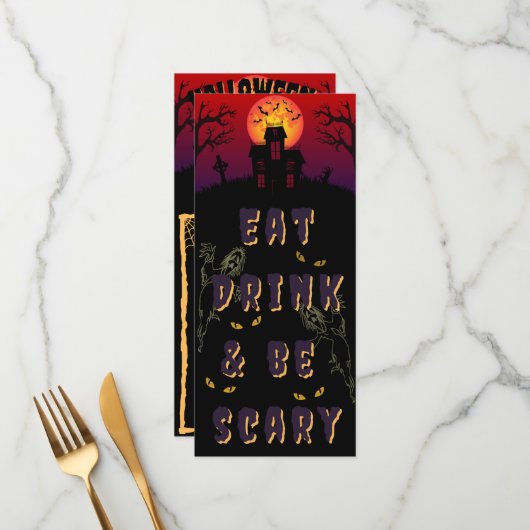 Essen, trinken & Beängstigend sein Halloween Menükarte (Vorderseite/Rückseite Beispiel)