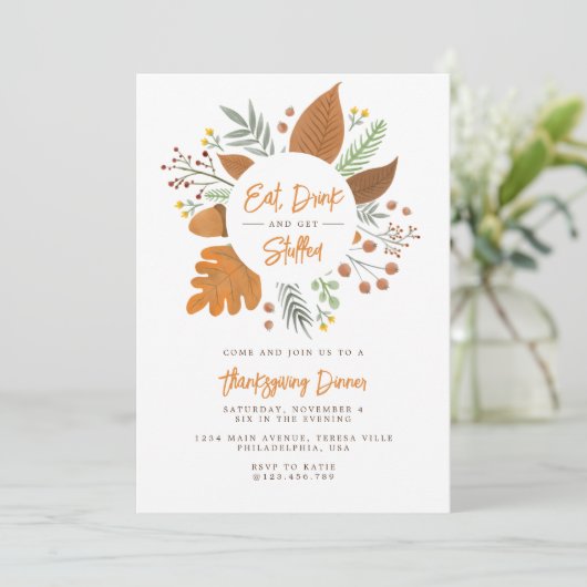 Essen, trinken, befüllen Herbst Erntedank Abendess Einladung (Stehend Vorderseite)