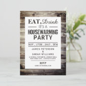 Essen, trinken Hauswärme Party Rustikales Holz Einladung (Stehend Vorderseite)