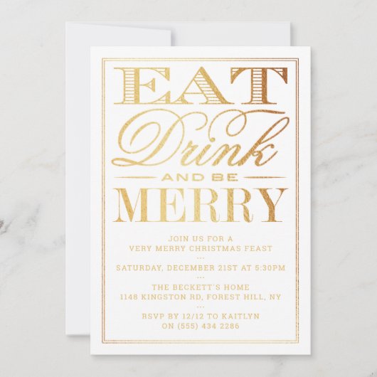 Essen, trinken & Merken feierliche Gold Foil Weihn Einladung (Vorderseite)