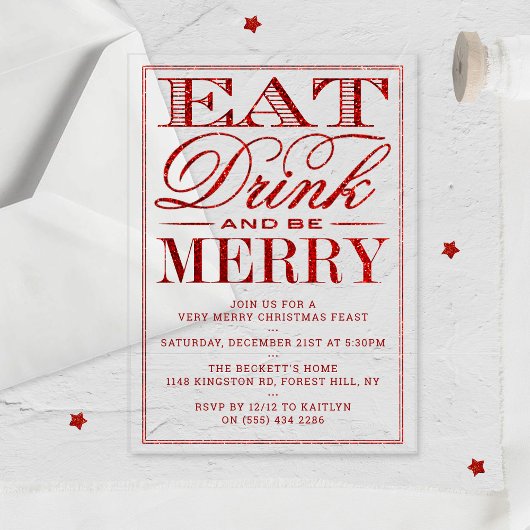 Essen, trinken & Merry Roter Glitzer Weihnachten Acryleinladungen